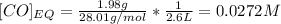 [CO]_{EQ}=\frac{1.98g}{28.01g/mol} *\frac{1}{2.6L}=0.0272M