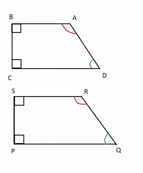 The figure shows two right trapezoids. trapezoid a b c d has right angles at b and c. angle b is adj