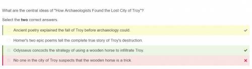 What are the central ideas of How Archaeologists Found the Lost City of Troy?

Select the two corr