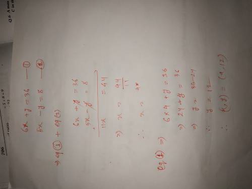 What is the answer for the problems 6x+y=36 and 5x−y=8?