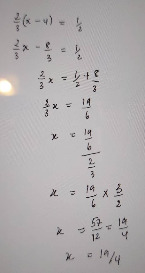 How do I solve this equation? 2/3(x-4)=1/2
