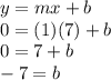 y = mx + b\\0 = (1)(7)+b\\0 = 7 + b\\-7 = b