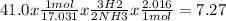 41.0 x \frac{1 mol}{17.031}x\frac{3 H2}{2NH3} x\frac{2.016}{1 mol} =7.27