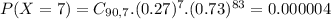 P(X = 7) = C_{90,7}.(0.27)^{7}.(0.73)^{83} = 0.000004