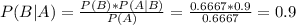 P(B|A) = \frac{P(B)*P(A|B)}{P(A)} = \frac{0.6667*0.9}{0.6667} = 0.9