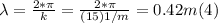 \lambda = \frac{2*\pi }{k} =\frac{2*\pi }{(15)1/m} = 0.42 m (4)