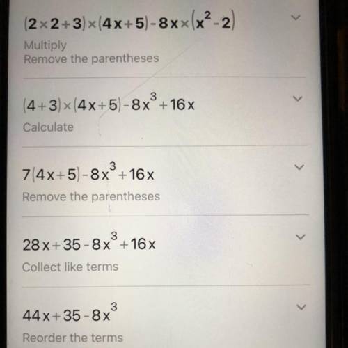 (2x2 + 3)(4x + 5) – 8x(x² – 2)
how i do simplify and expand?