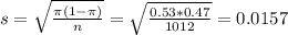 s = \sqrt{\frac{\pi(1-\pi)}{n}} = \sqrt{\frac{0.53*0.47}{1012}} = 0.0157
