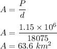 A=\dfrac{P}{d}\\\\A=\dfrac{1.15\times 10^6}{18075 }\\A=63.6\ km^2