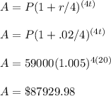 A=P(1+r/4)^{(4t)}\\ \\ A=P(1+.02/4)^{(4t)}\\ \\ A=59000(1.005)^{4(20)}\\ \\ A=\$ 87929.98