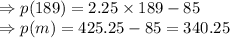 \Rightarrow p(189)=2.25\times 189-85\\\Rightarrow p(m)=425.25-85=340.25