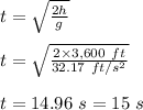 t = \sqrt{\frac{2h}{g} } \\\\t = \sqrt{\frac{2\times 3,600 \ ft}{32.17 \ ft/s^2} }\\\\t =14.96 \ s = 15 \ s