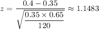 z=\dfrac{0.4-0.35}{\sqrt{\dfrac{0.35 \times 0.65}{120}}} \approx 1.1483