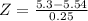 Z = \frac{5.3 - 5.54}{0.25}