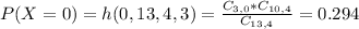 P(X = 0) = h(0,13,4,3) = \frac{C_{3,0}*C_{10,4}}{C_{13,4}} = 0.294