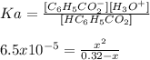 Ka=\frac{[C_6H_5CO_2^-][H_3O^+]}{[HC_6H_5CO_2]} \\\\6.5x10^{-5}=\frac{x^2}{0.32-x}