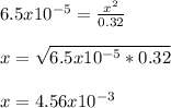 6.5x10^{-5}=\frac{x^2}{0.32}\\\\x=\sqrt{6.5x10^{-5}*0.32} \\\\x=4.56x10^{-3}
