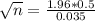 \sqrt{n} = \frac{1.96*0.5}{0.035}