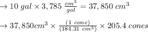 \to 10 \ gal \times  3,785\  \frac{cm^3}{gal} = 37,850\  cm^3\\\\\to 37,850 cm^3 \times  \frac{(1 \ cone)}{(184.31 \ cm^3)} \times 205.4 \ cones