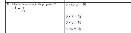 What is the solution to the proportion?
3/7 = w/42
