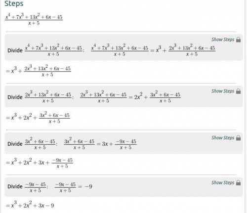 Using long division: x^4+7x^3+13x^2+6x-45 / x+5 
Please show work