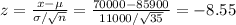 z=\frac{x-\mu}{\sigma/\sqrt{n} } =\frac{70000-85900}{11000/\sqrt{35}  } =-8.55\\