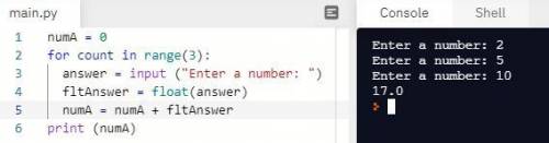 Basic python coding, What is the output of this program? Assume the user enters 2, 5, and 10.

numA