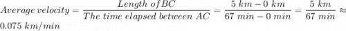 Average \ velocity= \dfrac{Length \ of BC}{The \ time \ elapsed \ between \ AC} = \dfrac{5 \ km - 0 \ km}{67 \ min - 0 \ min} = \dfrac{5 \ km}{67 \ min} \approx 0.075 \ km/min
