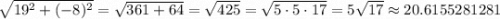 \sqrt{19^2 + (-8)^2} = \sqrt{361 + 64} = \sqrt{425} = \sqrt{5\cdot 5\cdot 17} = 5\sqrt{17} \approx 20.6155281281
