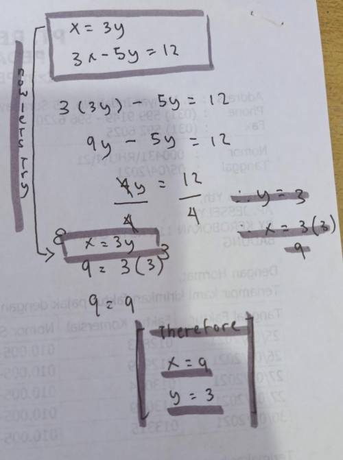 #2. Use substitution to solve the system of equations
x=3y
34-5y =12
Solution: (