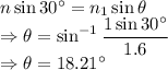 n\sin30^{\circ}=n_1\sin\theta\\\Rightarrow \theta=\sin^{-1}\dfrac{1\sin30^{\circ}}{1.6}\\\Rightarrow \theta=18.21^{\circ}