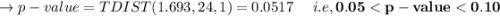 \to p-value = TDIST(1.693, 24, 1) = 0.0517\ \ \ \  i.e, \bold{0.05 < p-value < 0.10}