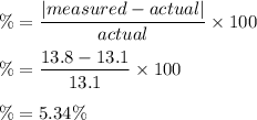 \%=\dfrac{|measured-actual|}{actual}\times 100\\\\\%=\dfrac{13.8-13.1}{13.1}\times 100\\\\\%=5.34\%