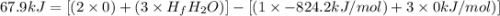 67.9kJ=[(2\times 0)+(3\times H_f{H_2O})]-[(1\times -824.2kJ/mol)+3\times 0kJ/mol)]
