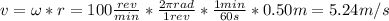 v = \omega*r = 100 \frac{rev}{min}*\frac{2\pi rad}{1 rev}*\frac{1 min}{60 s}*0.50 m = 5.24 m/s
