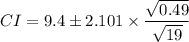CI=9.4\pm 2.101 \times \dfrac{\sqrt{0.49} }{\sqrt{19}}