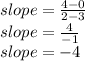 slope =  \frac{4 - 0}{2 - 3}  \\ slope =  \frac{4}{ - 1}  \\ slope =  - 4
