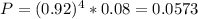 P = (0.92)^4*0.08 = 0.0573