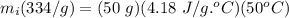 m_i(334\J/g) = (50\ g)(4.18\ J/g.^oC)(50^oC)