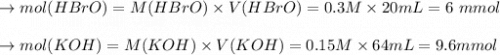 \to mol(HBrO) = M(HBrO)  \times  V(HBrO) = 0.3 M   \times 20 mL = 6 \ mmol\\\\\to mol(KOH) = M(KOH)  \times   V(KOH)= 0.15 M  \times  64 mL = 9.6 mmol