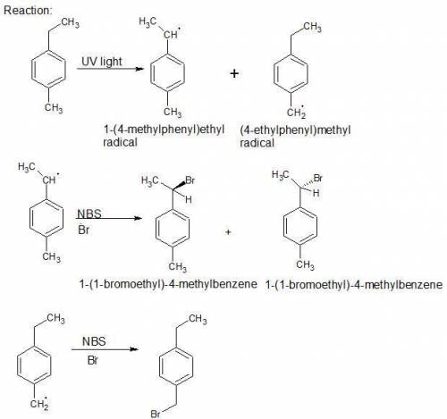 Upon treatment with nbs and irradiation with uv light, 1-ethyl-4-methylbenzene produces exactly thre