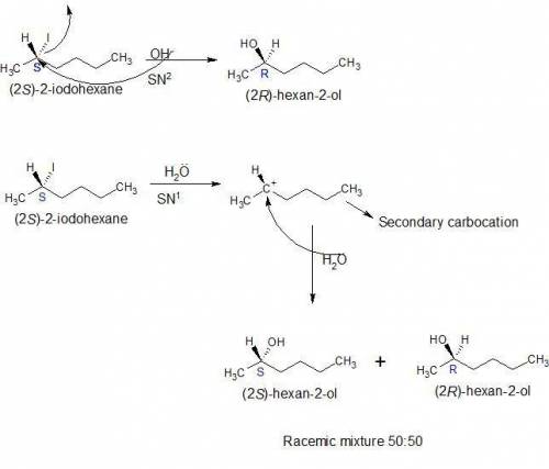 Write the structure of the product that would be formed from the s( s)-2-iodohexane and hydroxide io