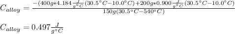 C_{alloy}=\frac{-(400g*4.184\frac{J}{g\°C} (30.5\°C-10.0\°C)+200g*0.900\frac{J}{g\°C}(30.5\°C-10.0\°C)}{150g(30.5\°C-540\°C)} \\\\C_{alloy}=0.497\frac{J}{g\°C}
