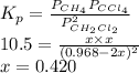 K_{p} = \frac{P_{CH_{4}}P_{CCl_{4}}}{P^{2}_{CH_{2}Cl_{2}}}\\10.5 = \frac{x \times x}{(0.968 - 2x)^{2}}\\x = 0.420