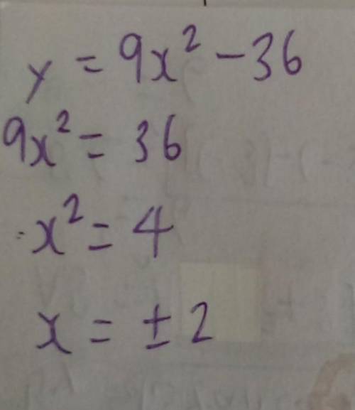 Solve the following quadratic function

by utilizing the square root method.
y = 9x2 - 36
X =
= + [?