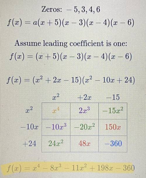 The function f(x) is a quartic function and the zeros of f(x) are -5, 3, 4 and 6.

Assume the leadin