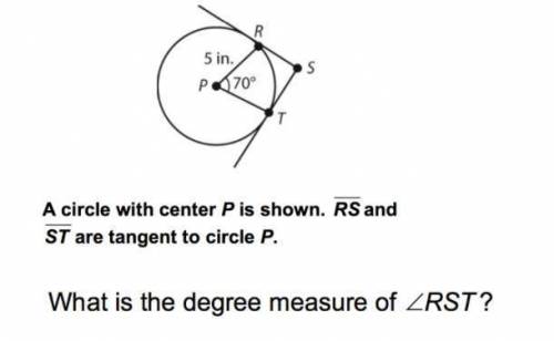 A circle with center P is shown. RS and ST are tangent to Circle P. What Is the degree measure of an