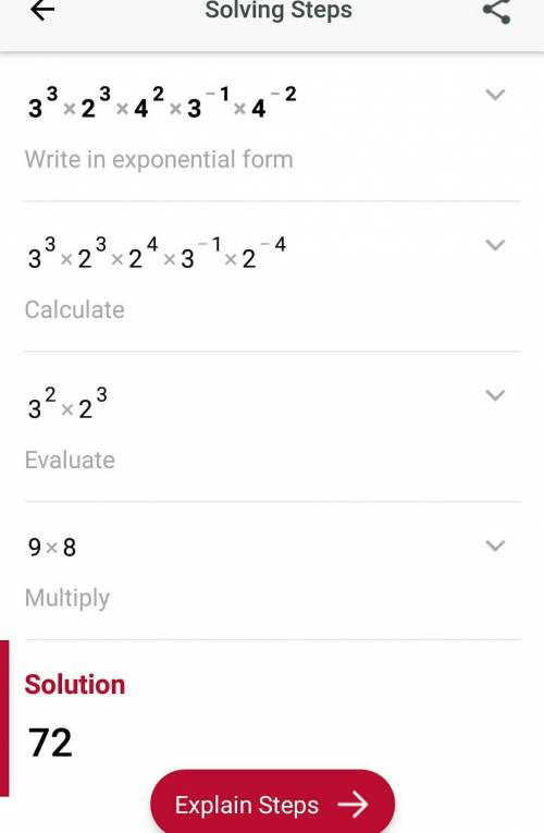 Evaluate 3³×2³×4²×3-¹×4-²​
