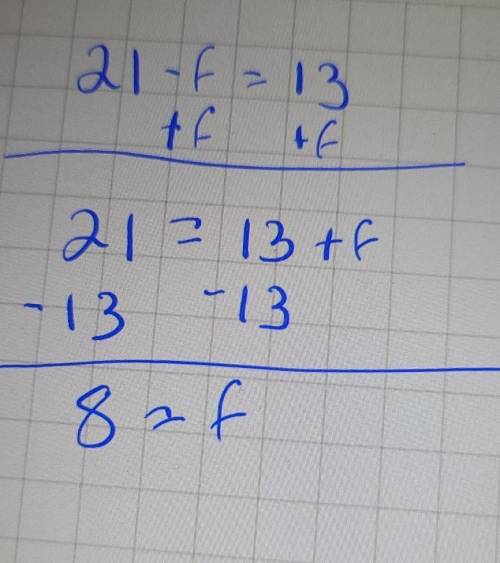 Which value in the set {5,6,7,8,9} is a solution of the equation 21 - f = 13? Show your work.