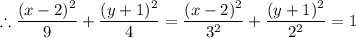 \therefore \dfrac{ (x - 2)^2}{9}  + \dfrac{  (y + 1)^2}{4} =  \dfrac{ (x - 2)^2}{3^2}  + \dfrac{  (y + 1)^2}{2^2}  = 1